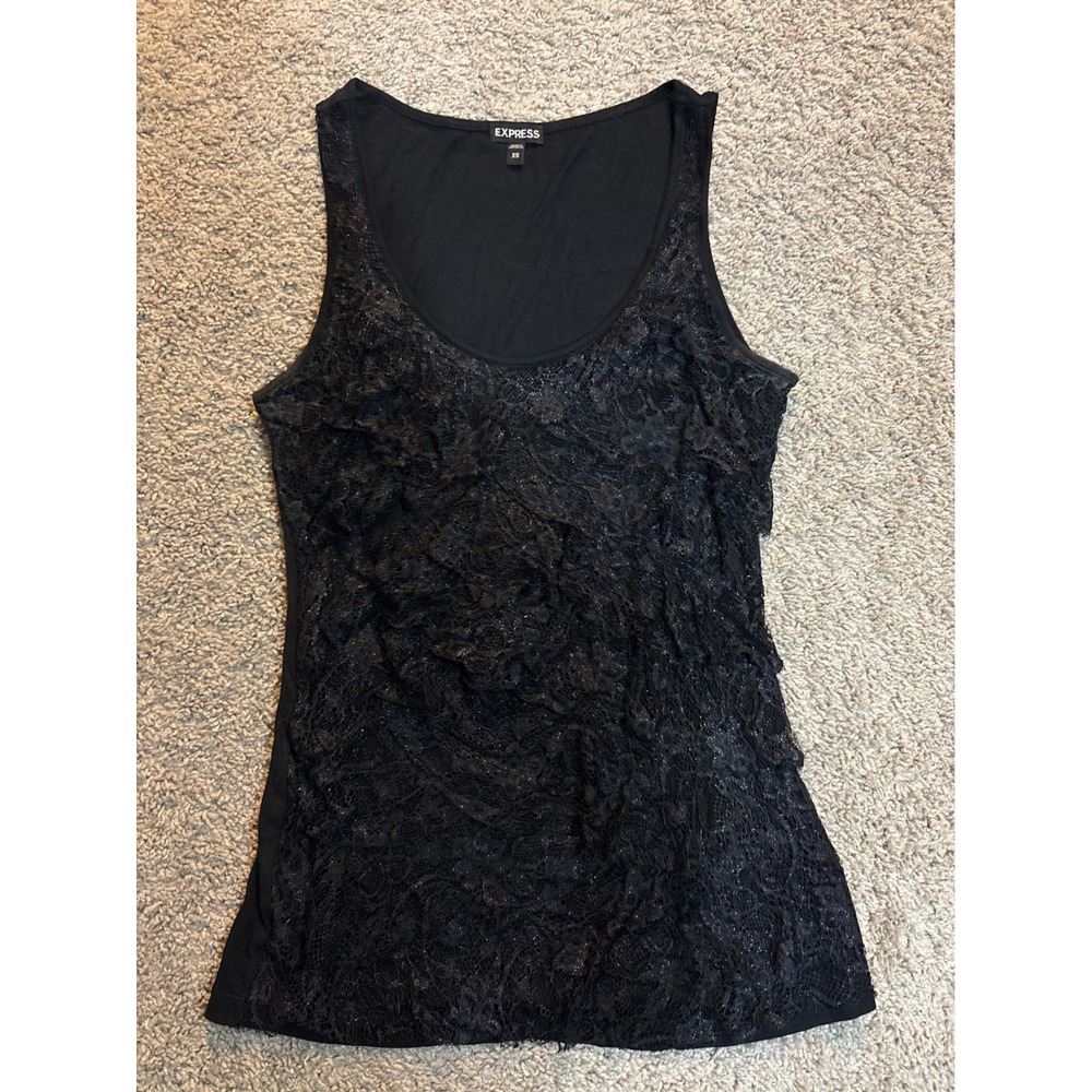 Y2K Express Black Lace Ruffle Shimmer Tank Top XS 90099 Cotton Modal Blend